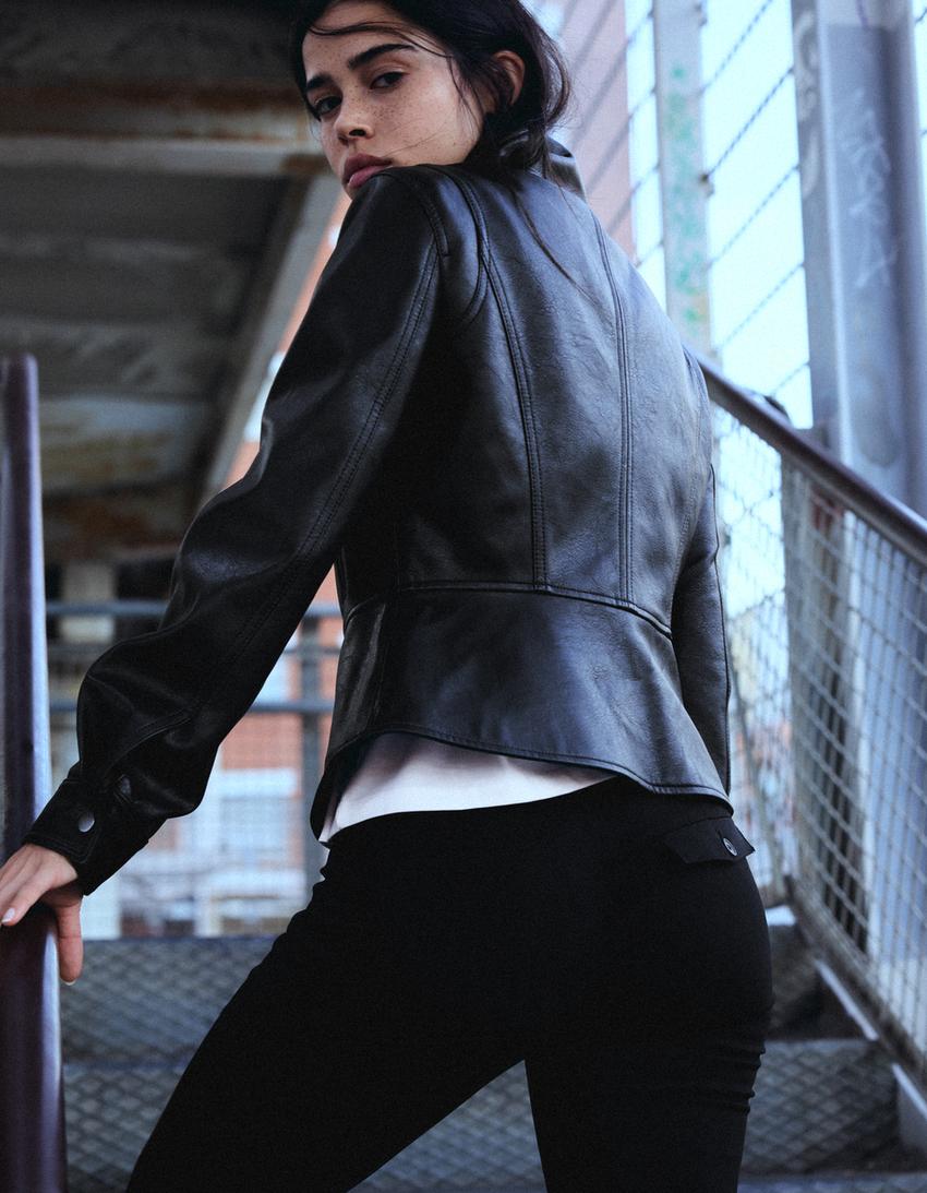 Peplum suni deri ceket-Siyah