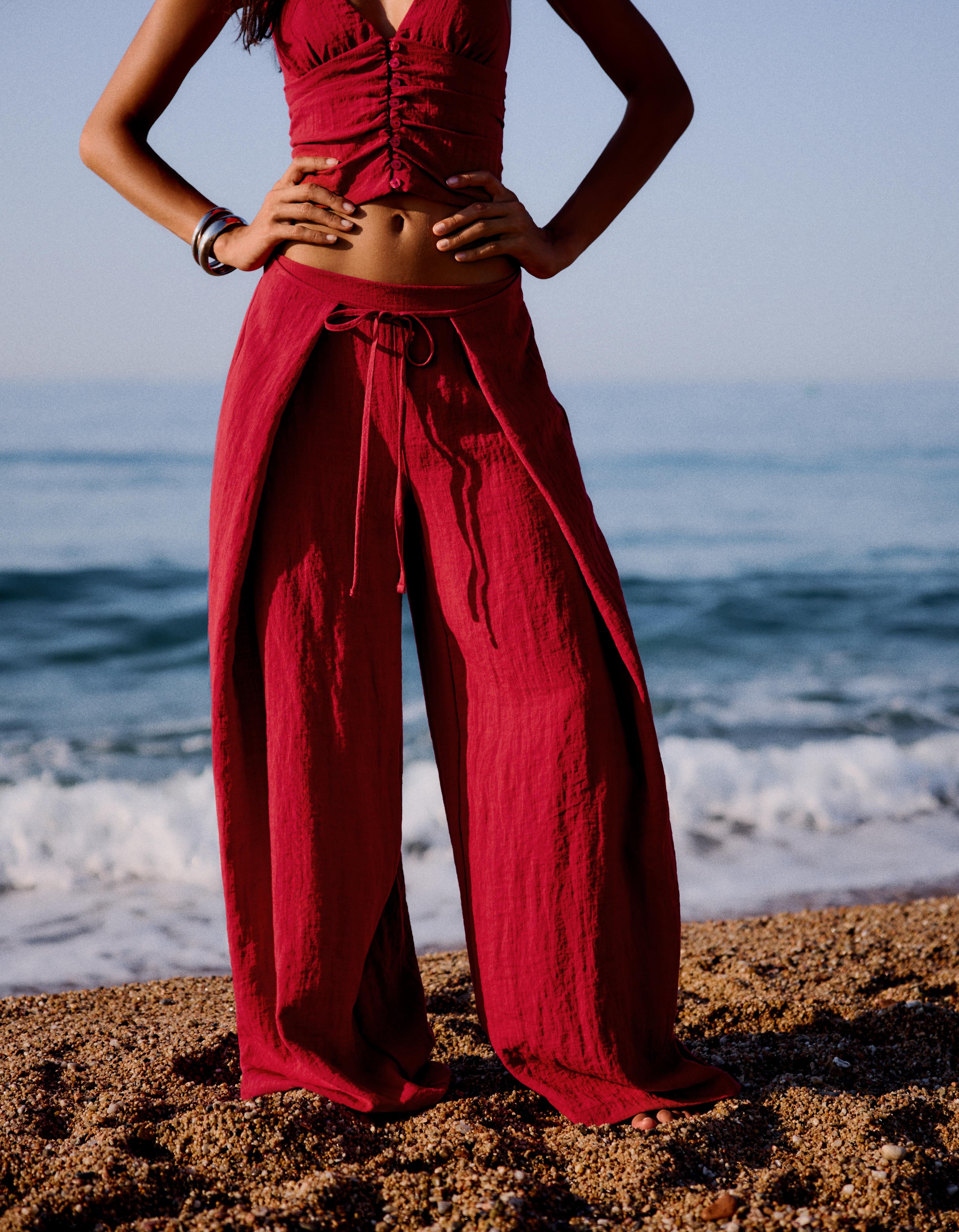 Rustic wide-leg pleated trousers — Red