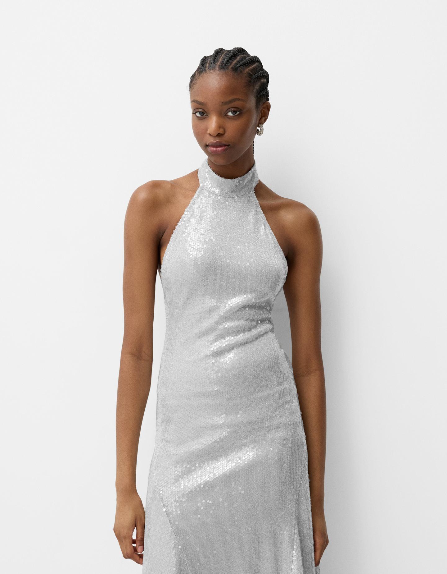 Bershka Neckholder-Midikleid Mit Pailletten Damen S Silber günstig online kaufen