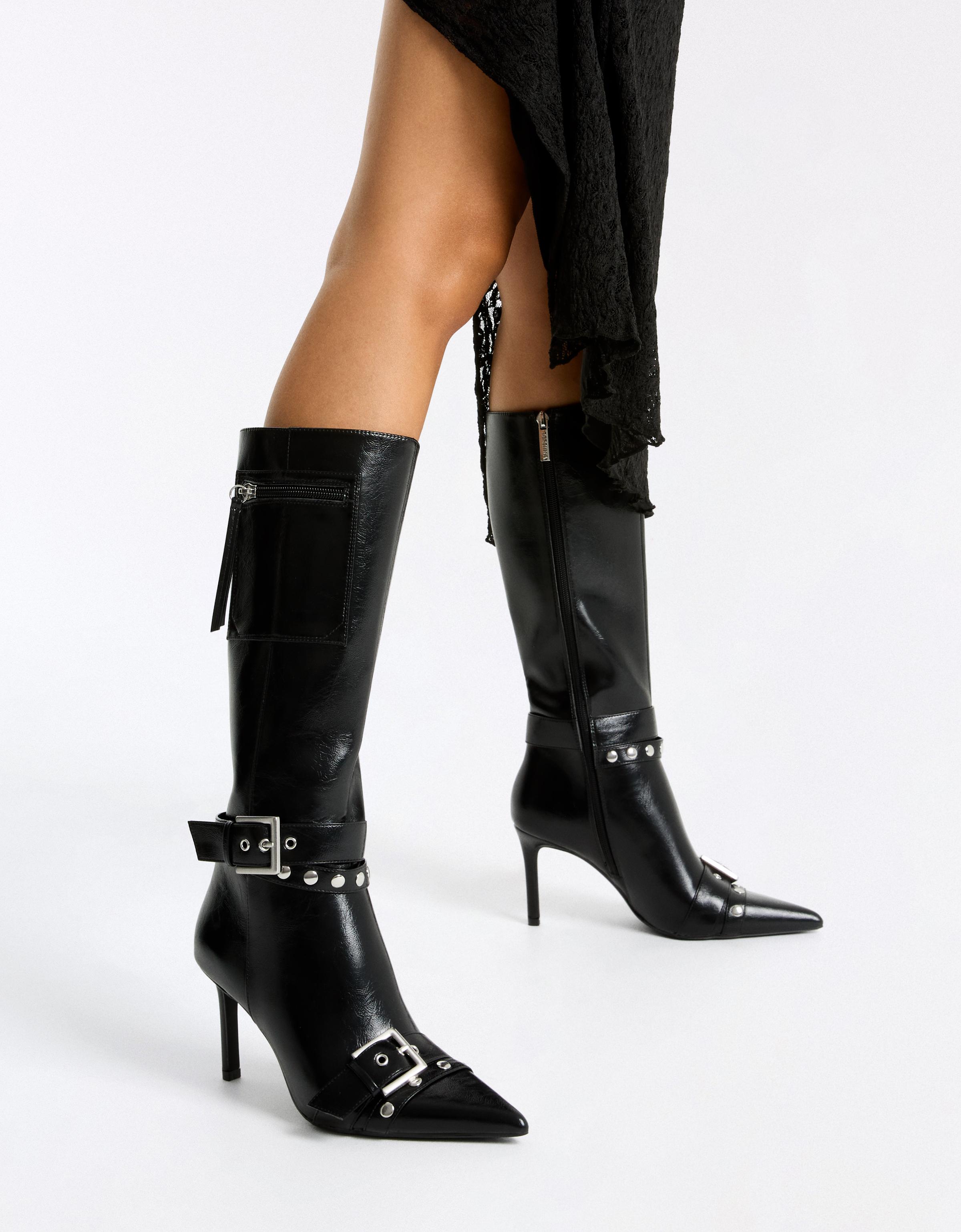 Heeled boots with buckle detail — BLACK