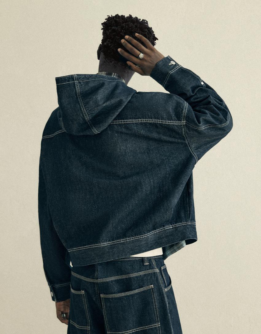 Cazadora denim capucha alamares-Marino