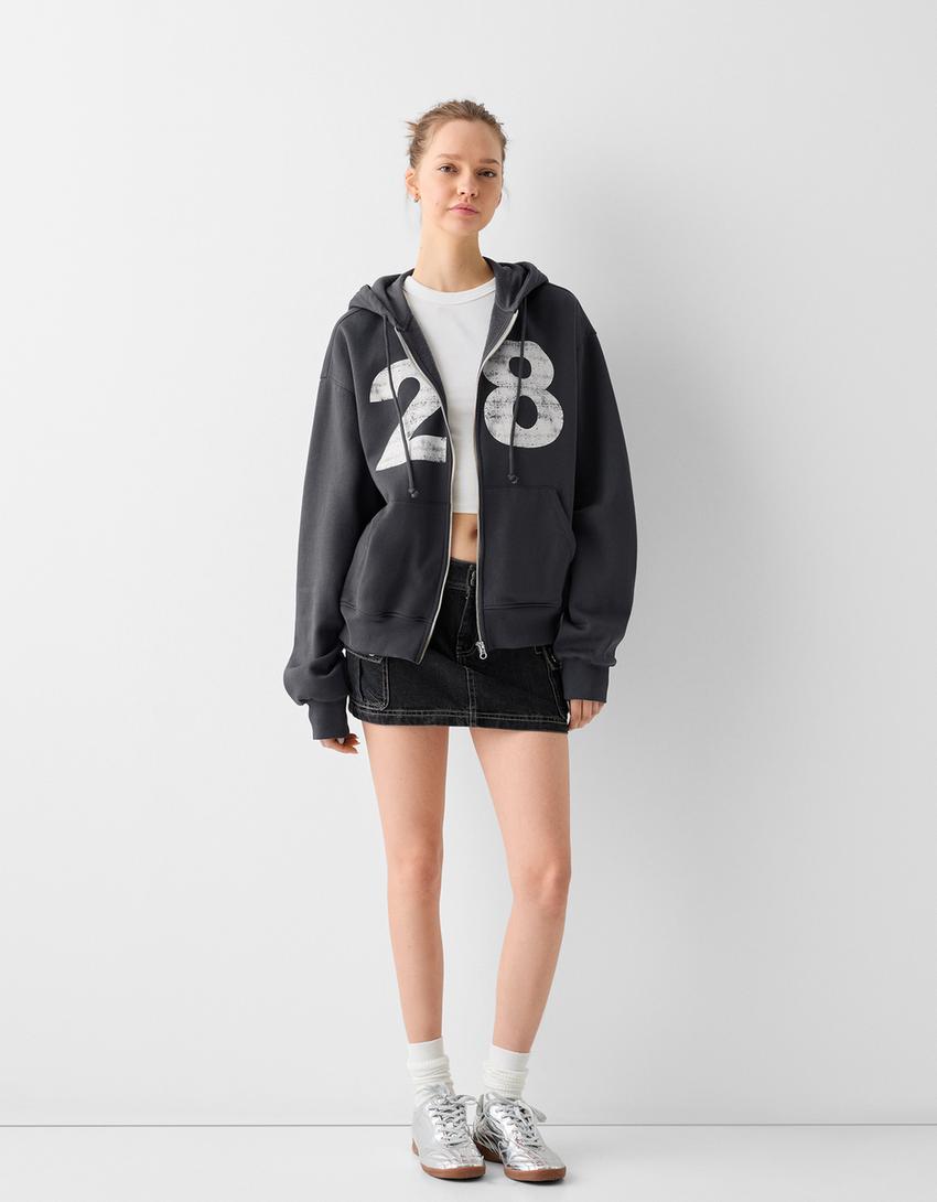 Zip-up print hoodie-Dark grey-3