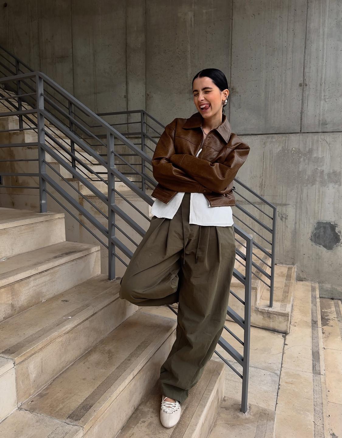 Leather effect trucker jacket with voluminous sleeves