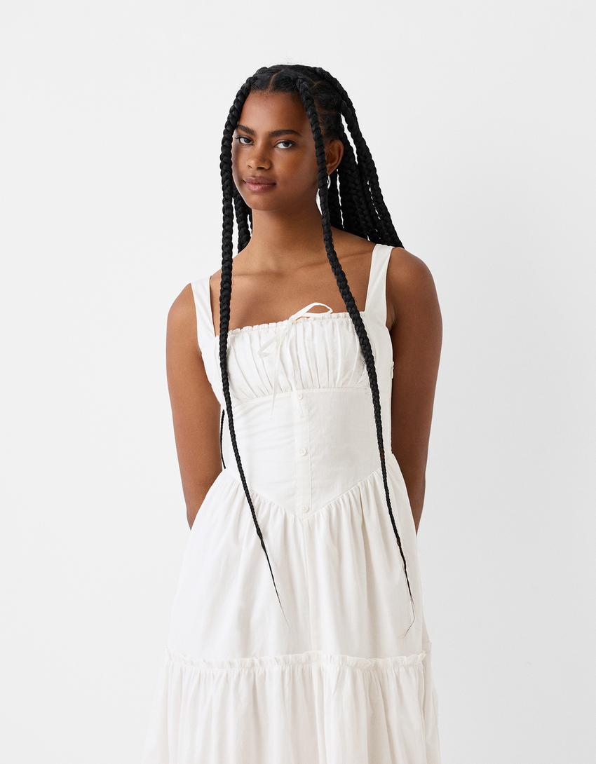 Flounce maxi dress with buttons-Off white