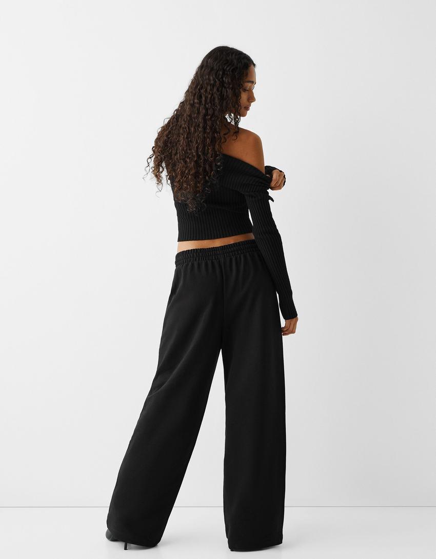 بنطلون من نسيج البلش بساق عريضة-أسود-2