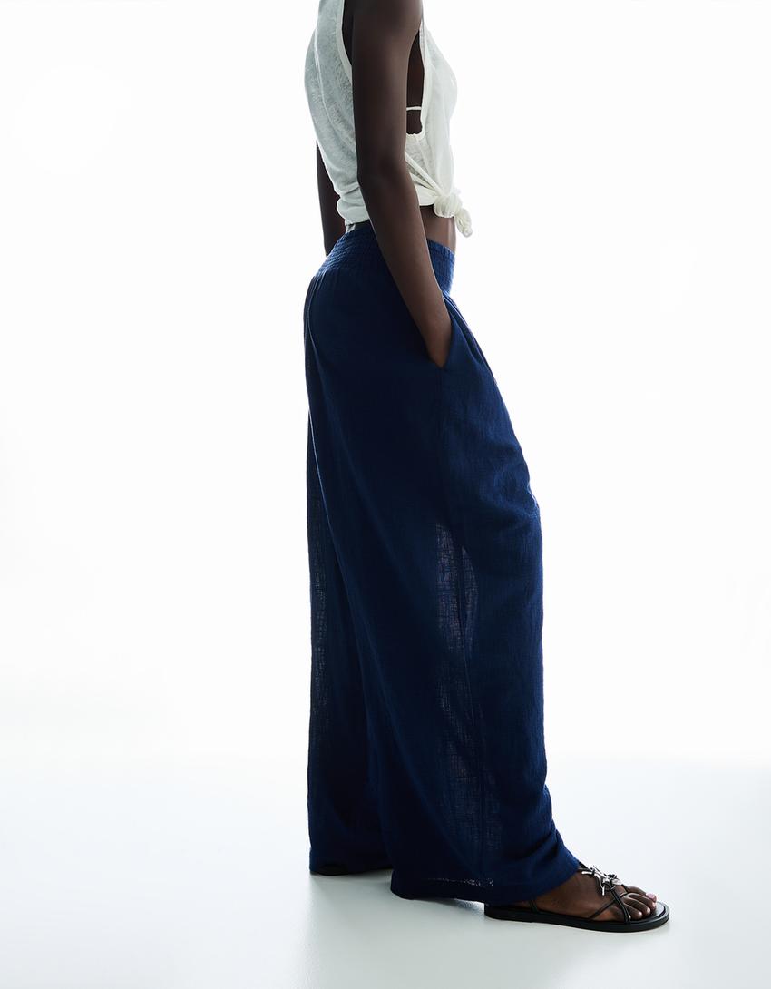 Wide-leg rustic trousers with darts-Navy