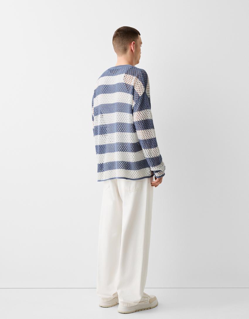 Pull texturé à rayures-Bleu-1