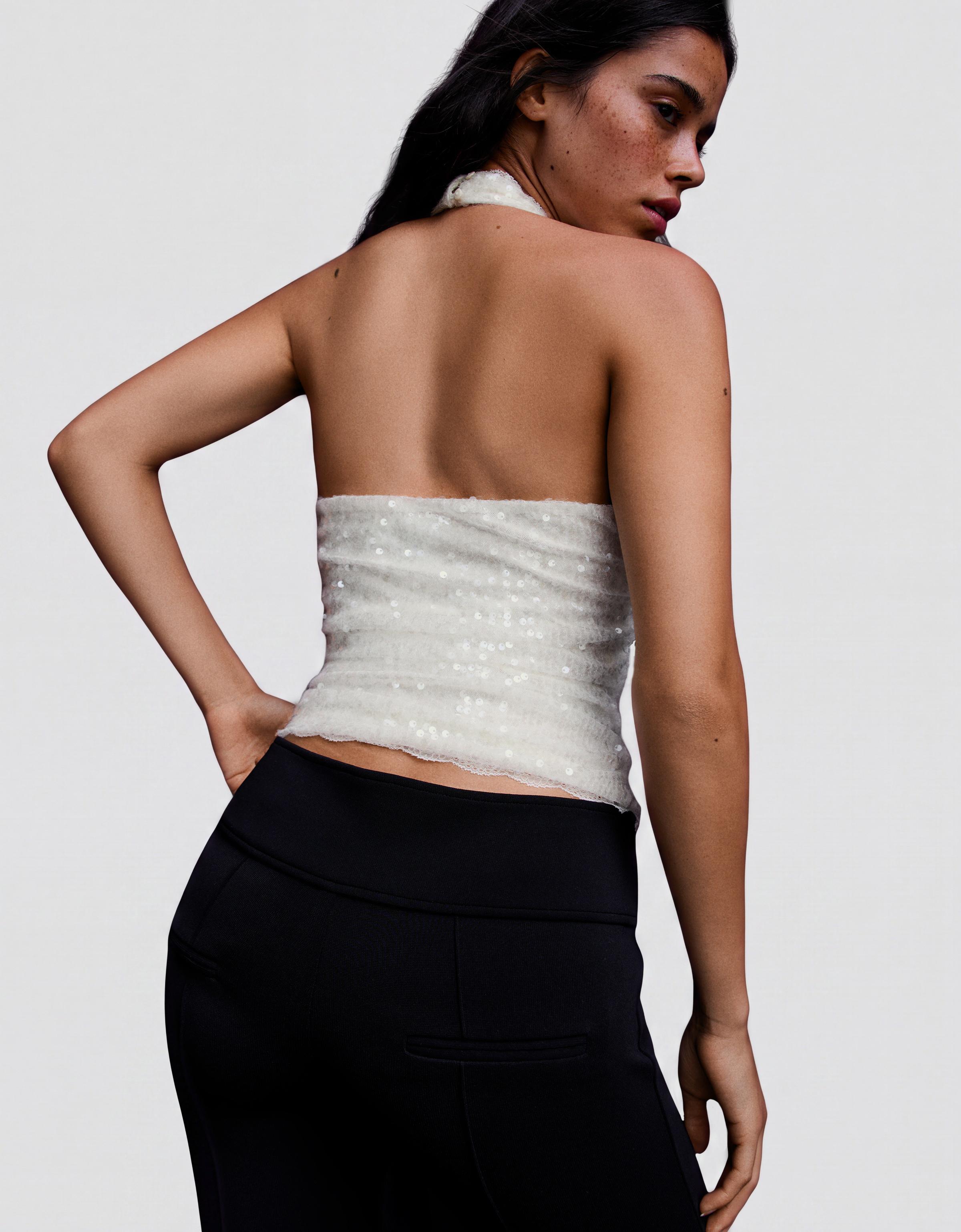 Sequin lace halter top — Cream
