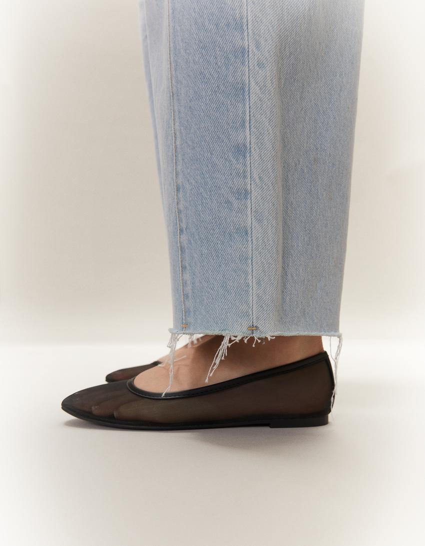 حذاء باليرينا مسطح من نسيج شبكي-أسود-2