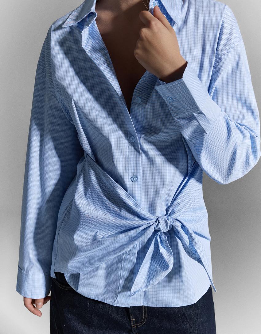 Poplin oversize bağcıklı gömlek-Mavi
