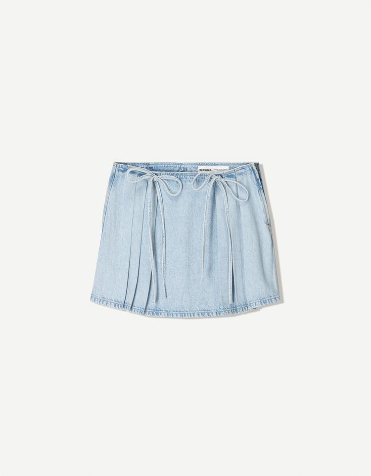 Denim büzgülü bağcıklı etek