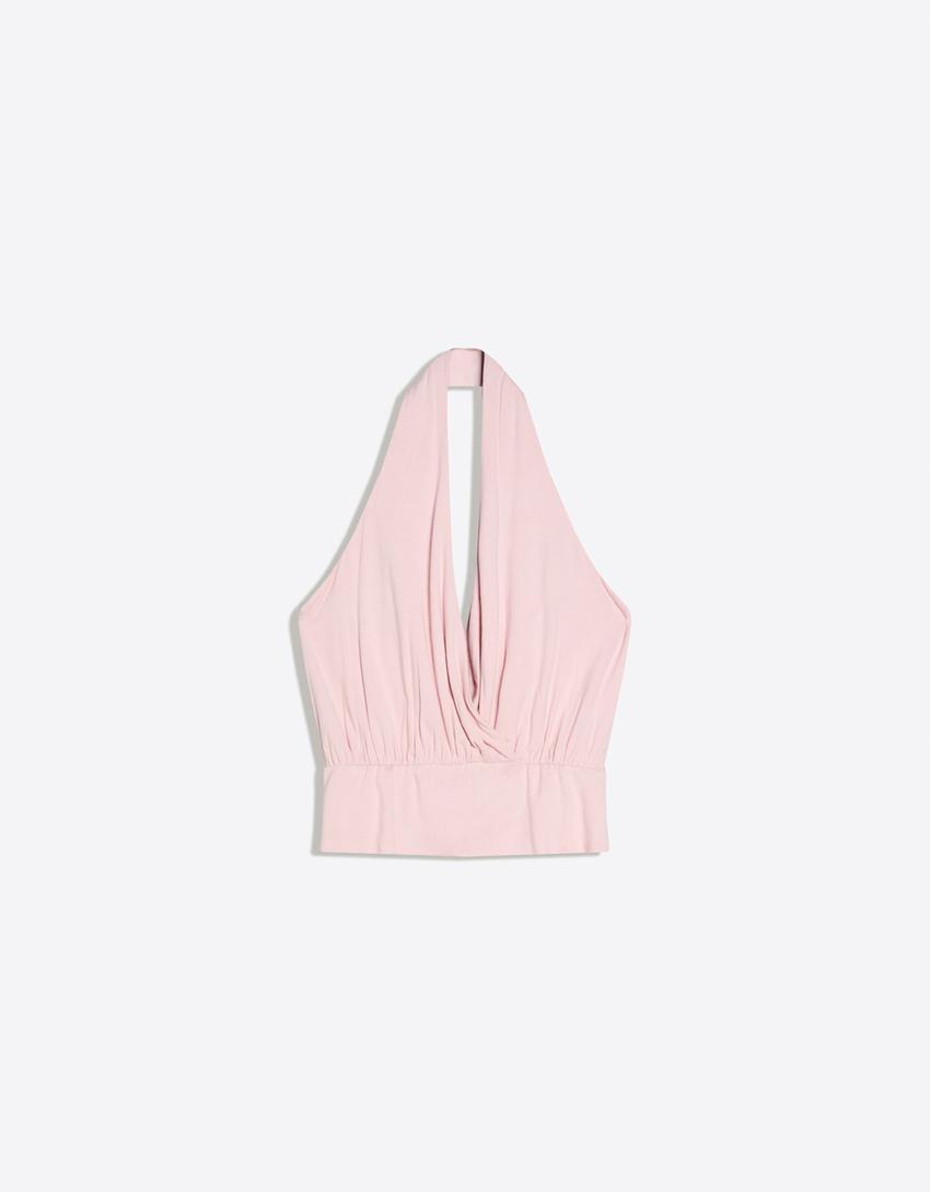 Ruched crossover top with sash-Pink