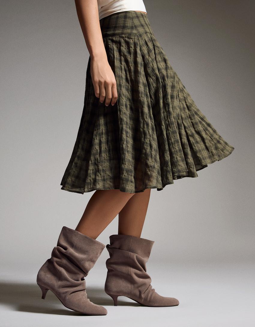 Checked full midi skirt-Khaki