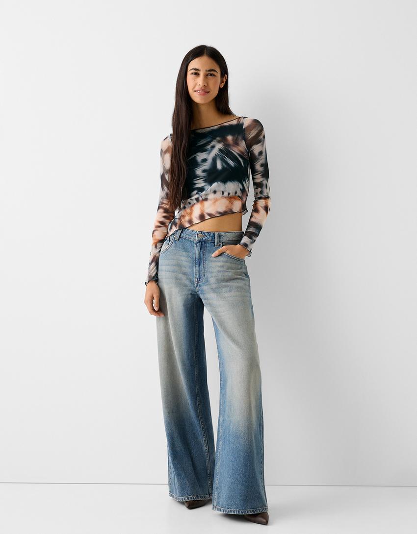 Long sleeve tulle print T-shirt-Black-3