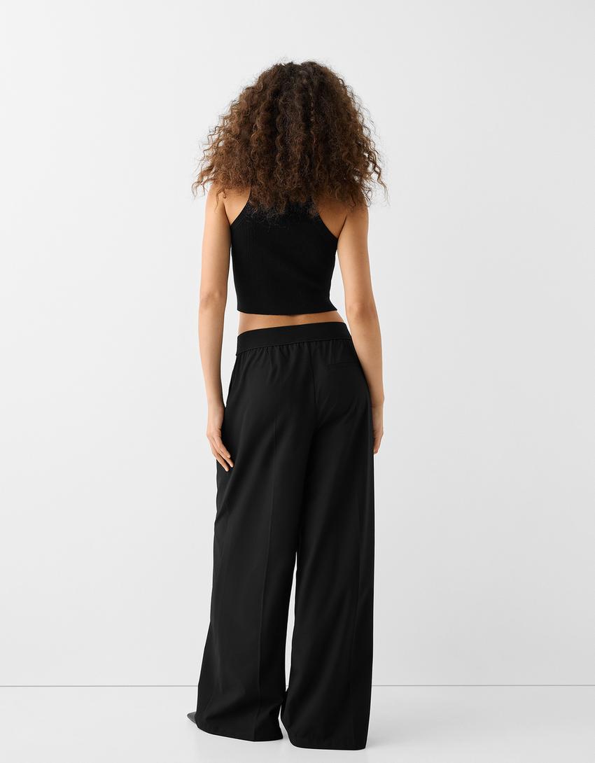 Wide-leg tailored fit trousers with elastic waist-Black-2