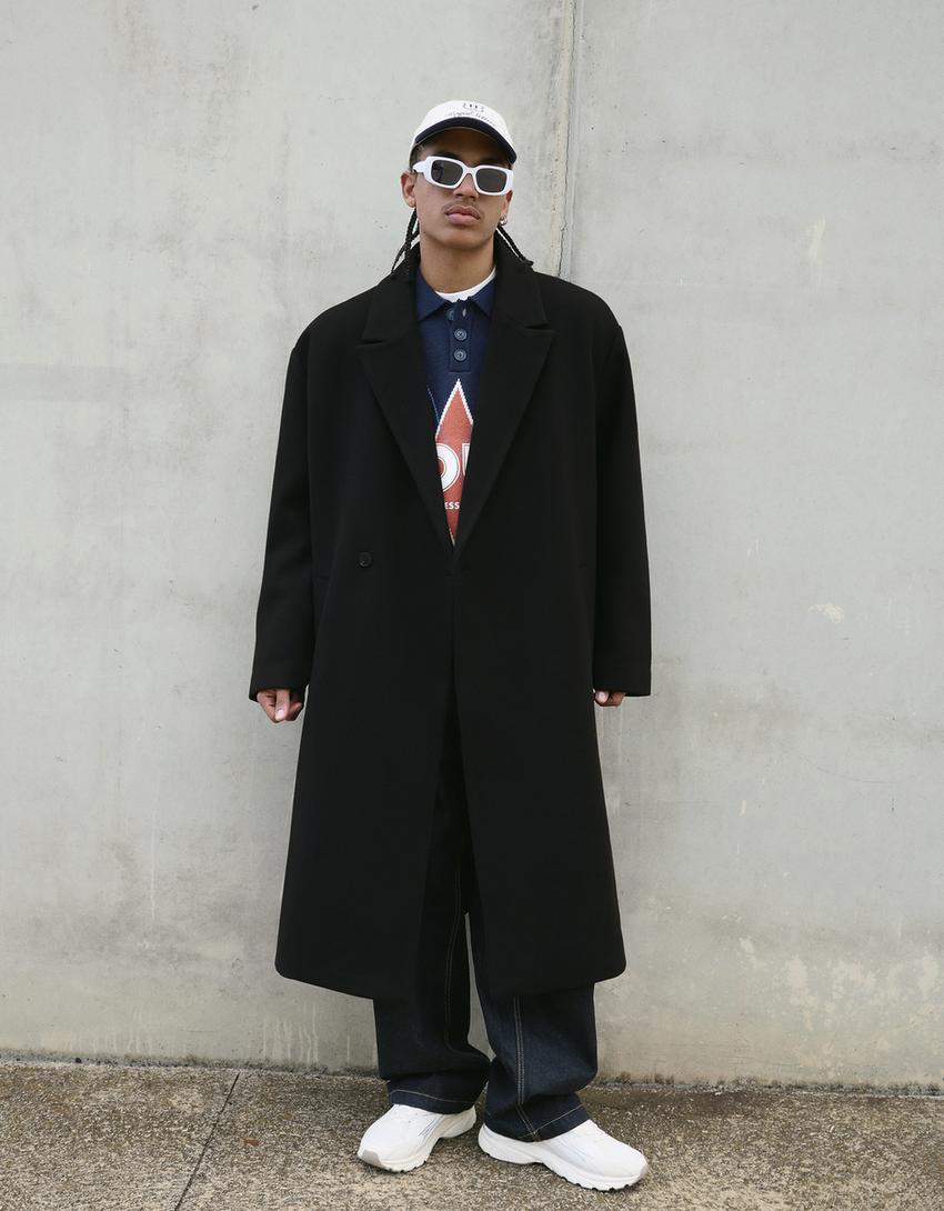 Double-breasted wool cloth coat-Black