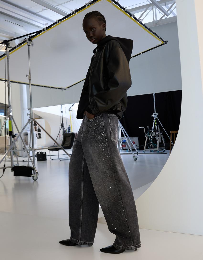 Jeans super baggy fit strass filtro digital-Nero