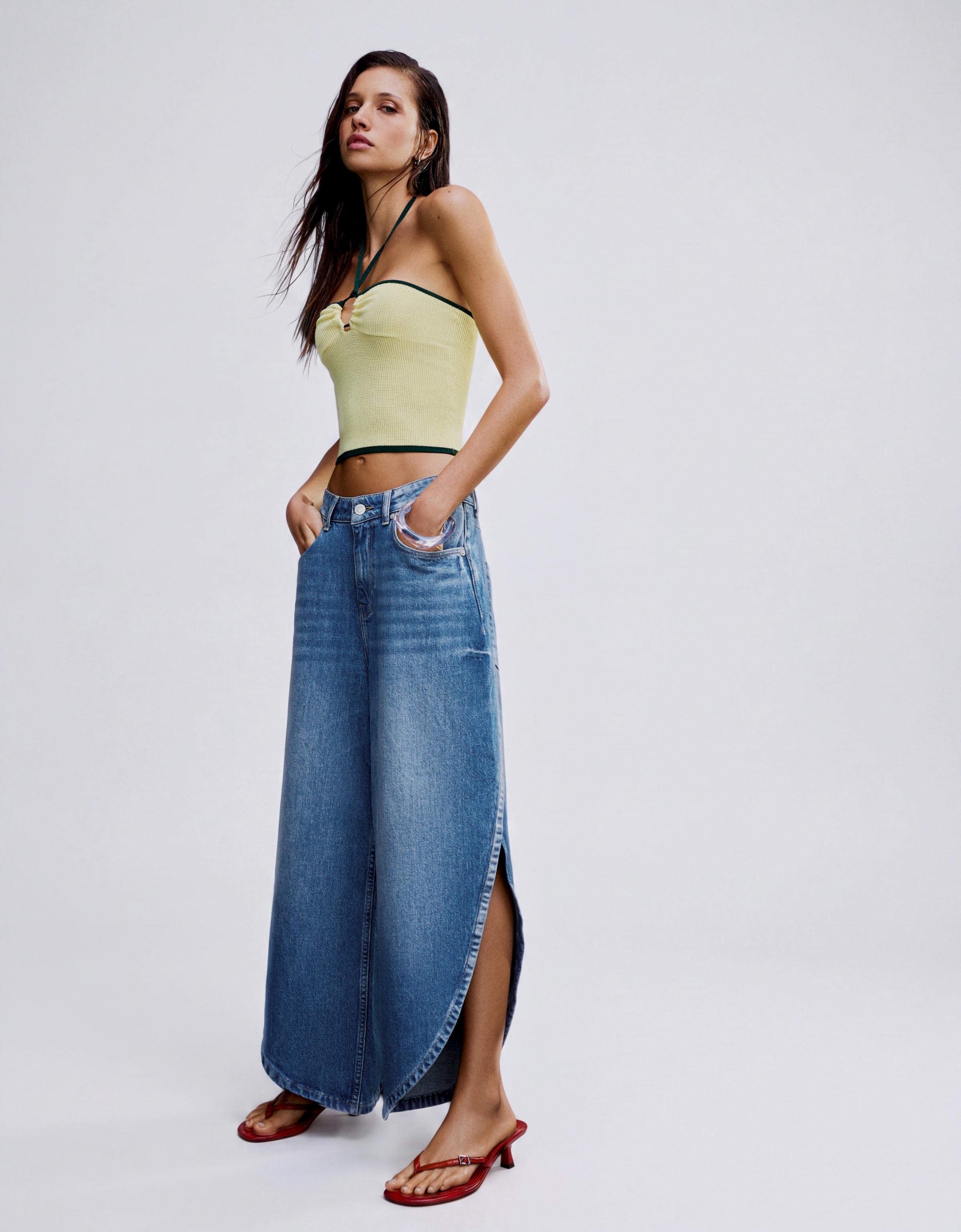 Wide-leg jeans with side split — Light blue
