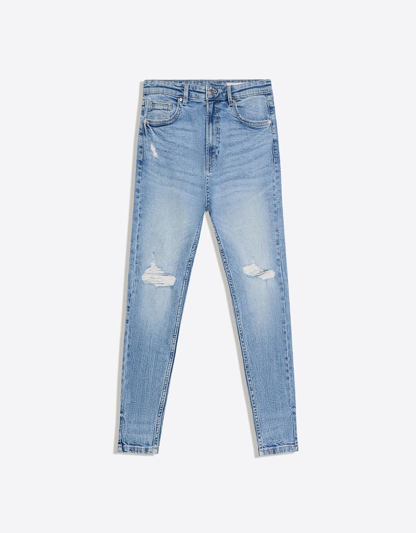 Carrot fit jeans met scheuren-Lichtblauw