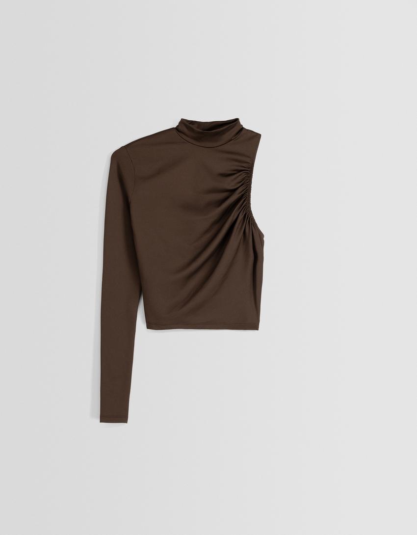 تيشرت بزمة غير متماثل وبأكمام طويلة-بني-5