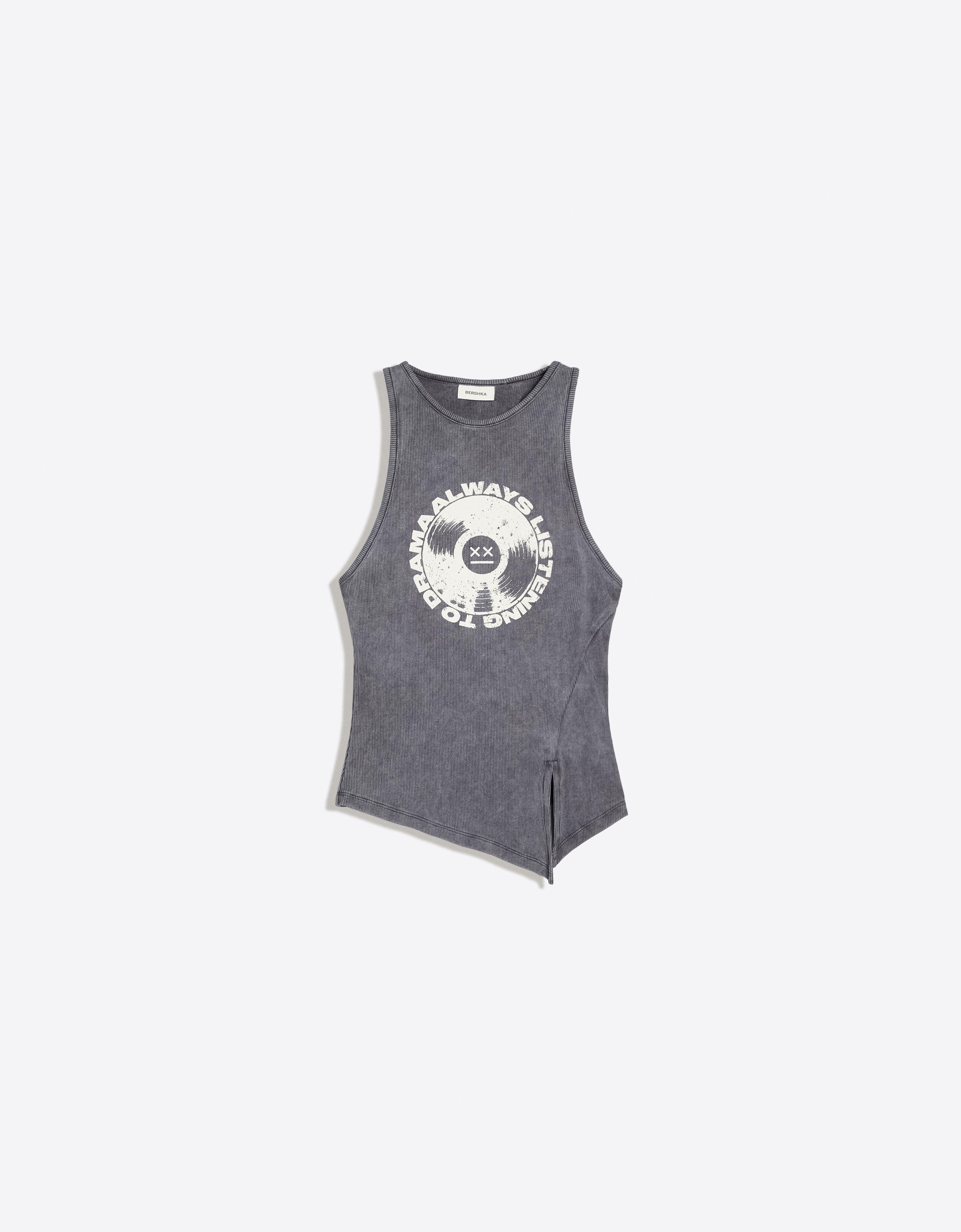 Asymmetric printed sleeveless top — Dark grey