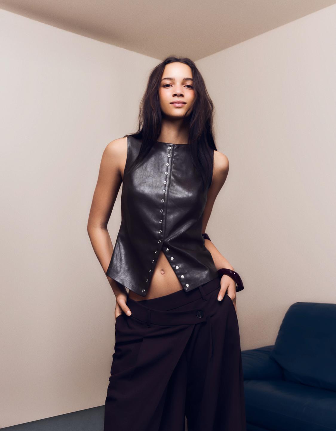 Leather effect studded top