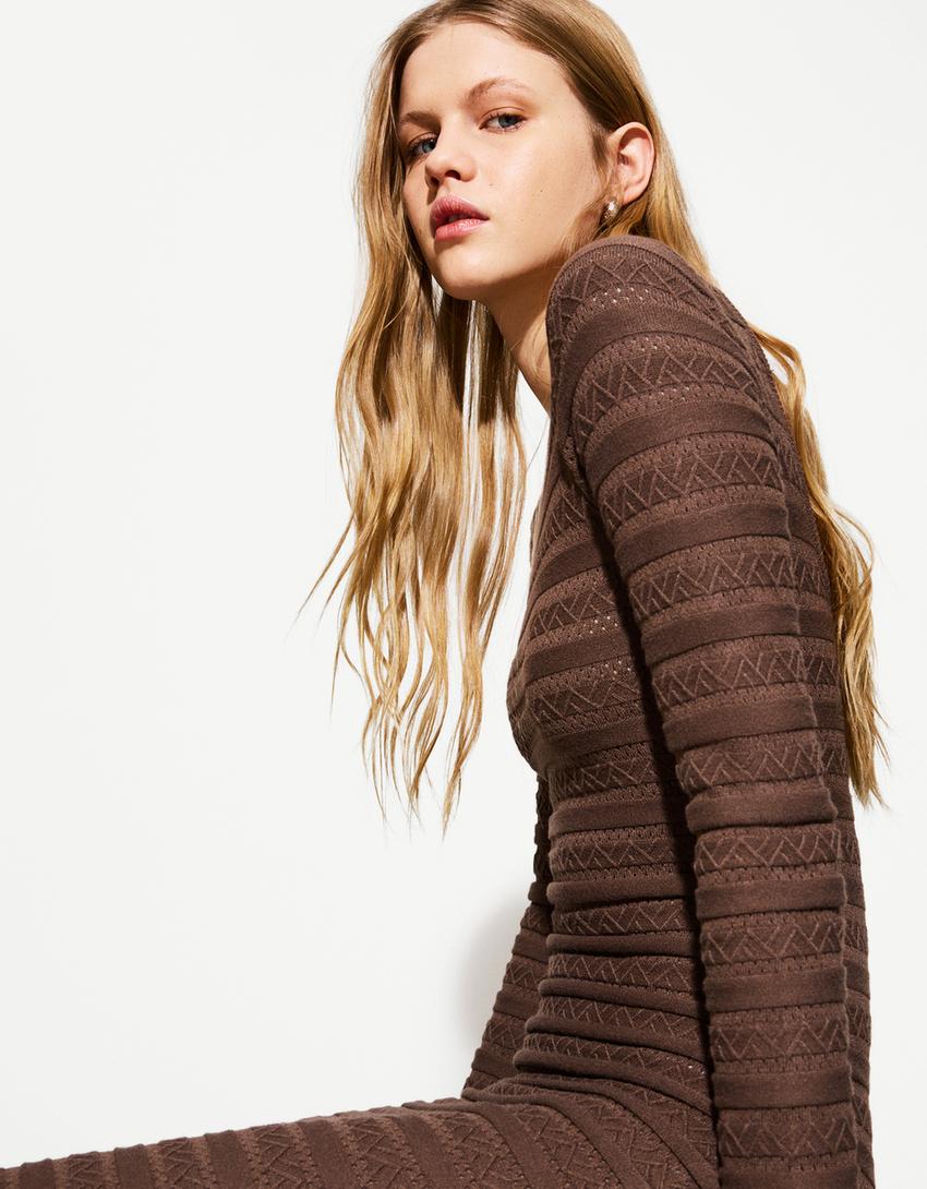 Textured midi dress-Brown