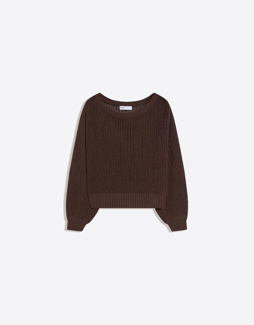 Rustic openwork sweater-Brown