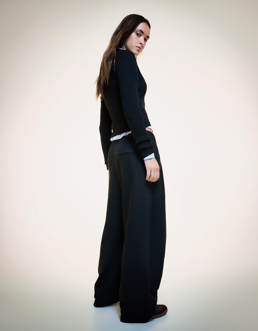 Tailored fit trousers with crossover waist-Black-1