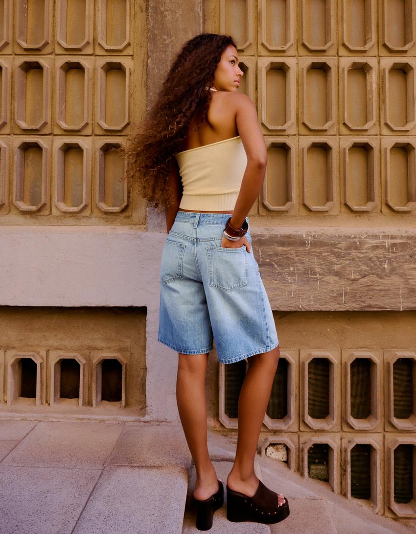 Denim Bermuda shorts with crossover waist-Light blue