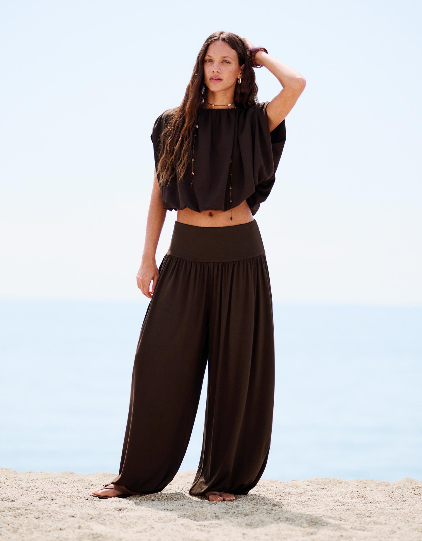 Bershka Pantalón Balloon Fajín Mujer Marrón