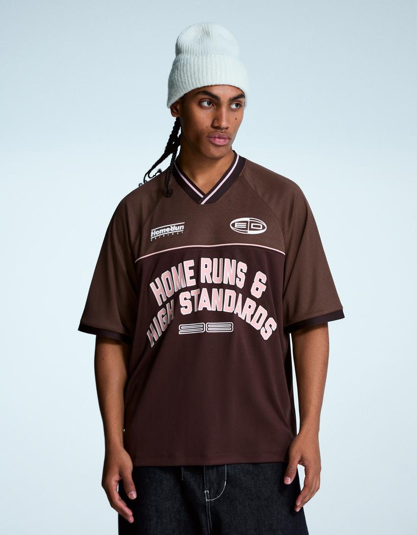 Camiseta manga corta mesh print-Marrón