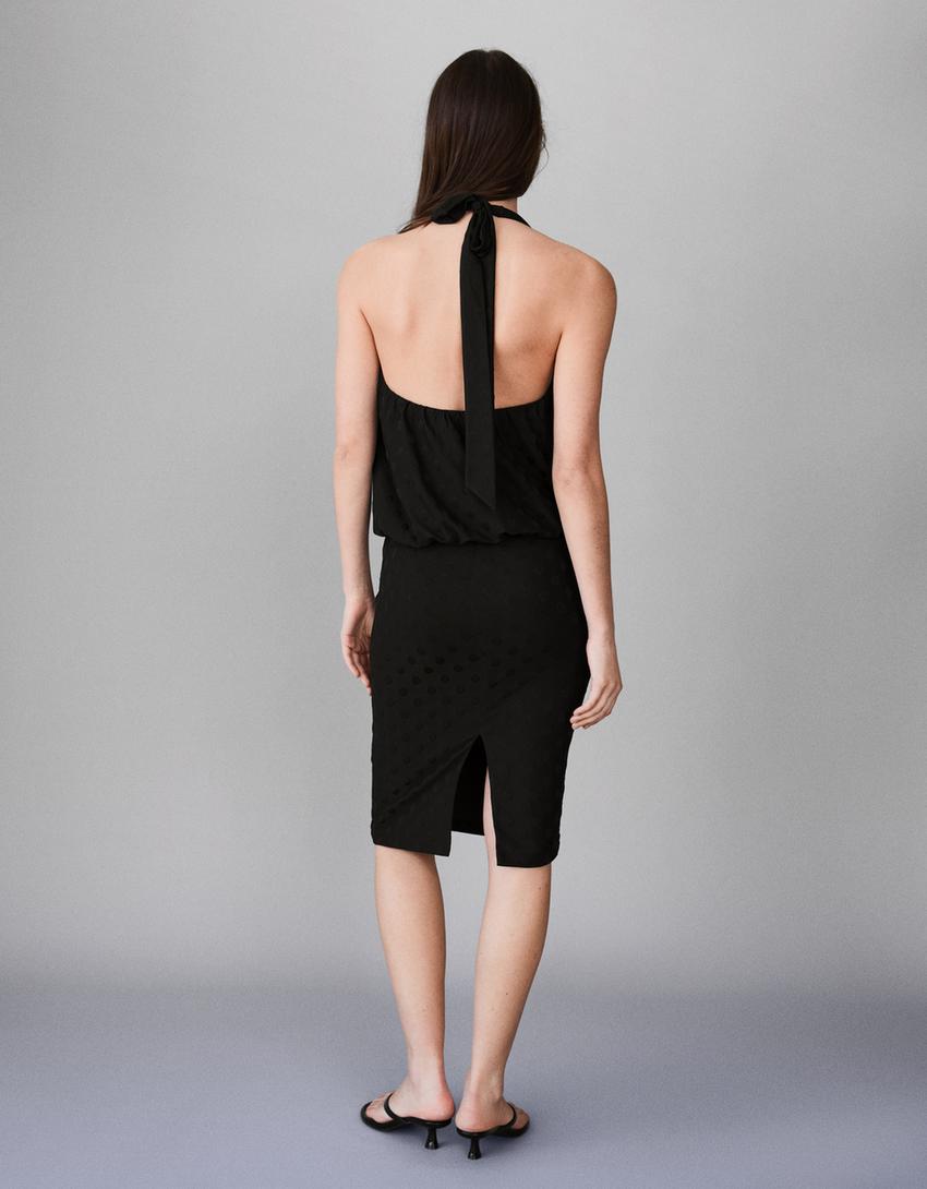 فستان جاكار قصير منقط-أسود