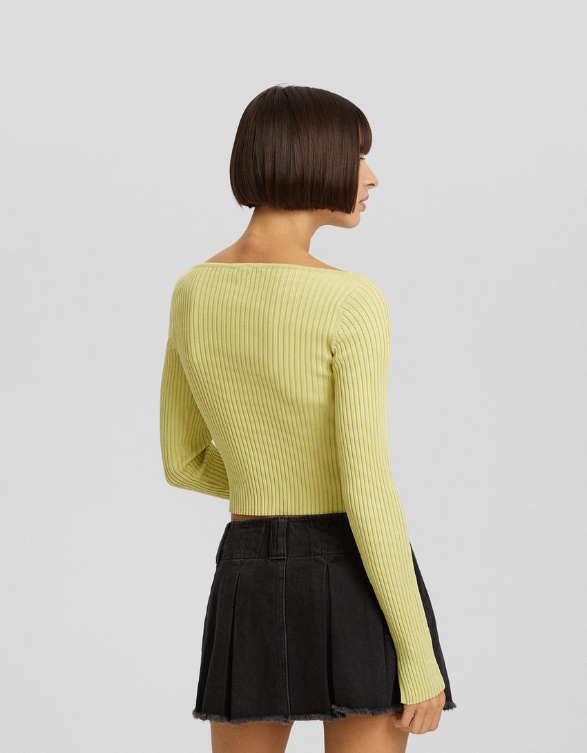Ribbed boat neck sweater-Green-1