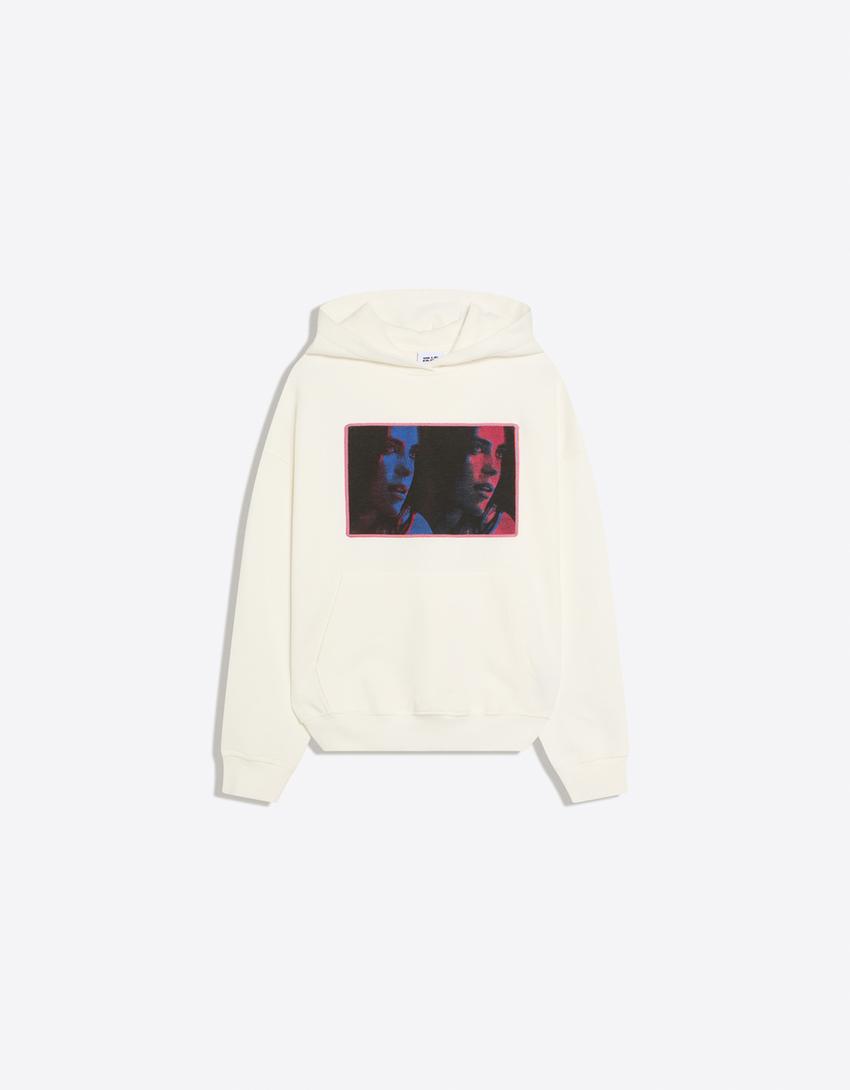 Billie Eilish baskılı kapüşonlu sweatshirt-Kirli beyaz