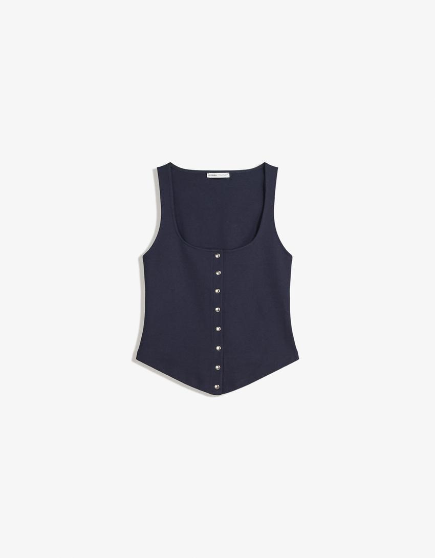 Top col carré crochets-Marine