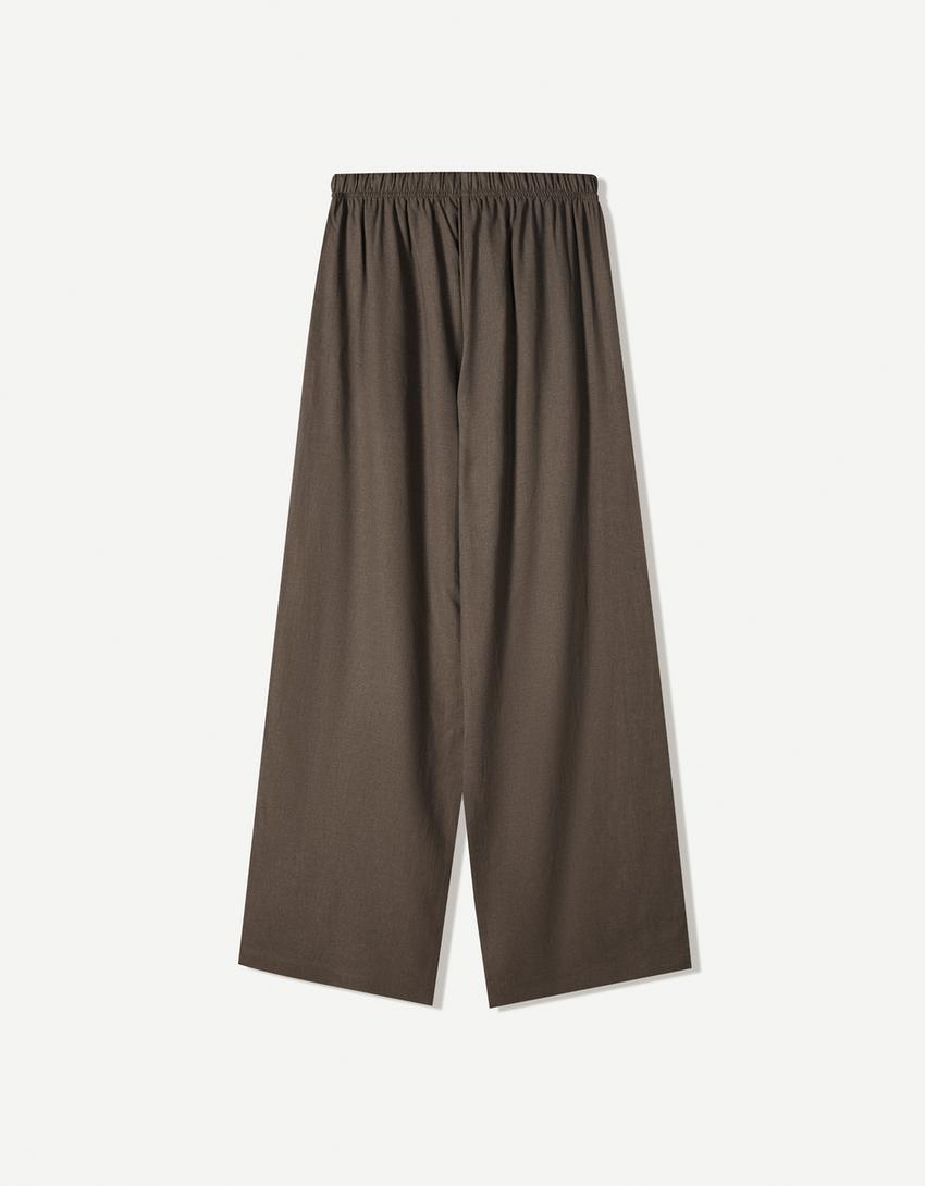 Linnenmix broek met elastische tailleband-Zand