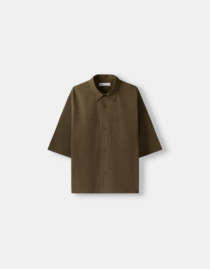 قميص تقني بقصة مربعة وأكمام قصيرة-كاكي-4