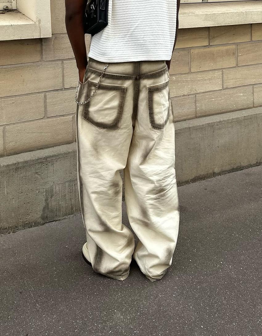 Desenli super baggy fit pantolon-Bej-4