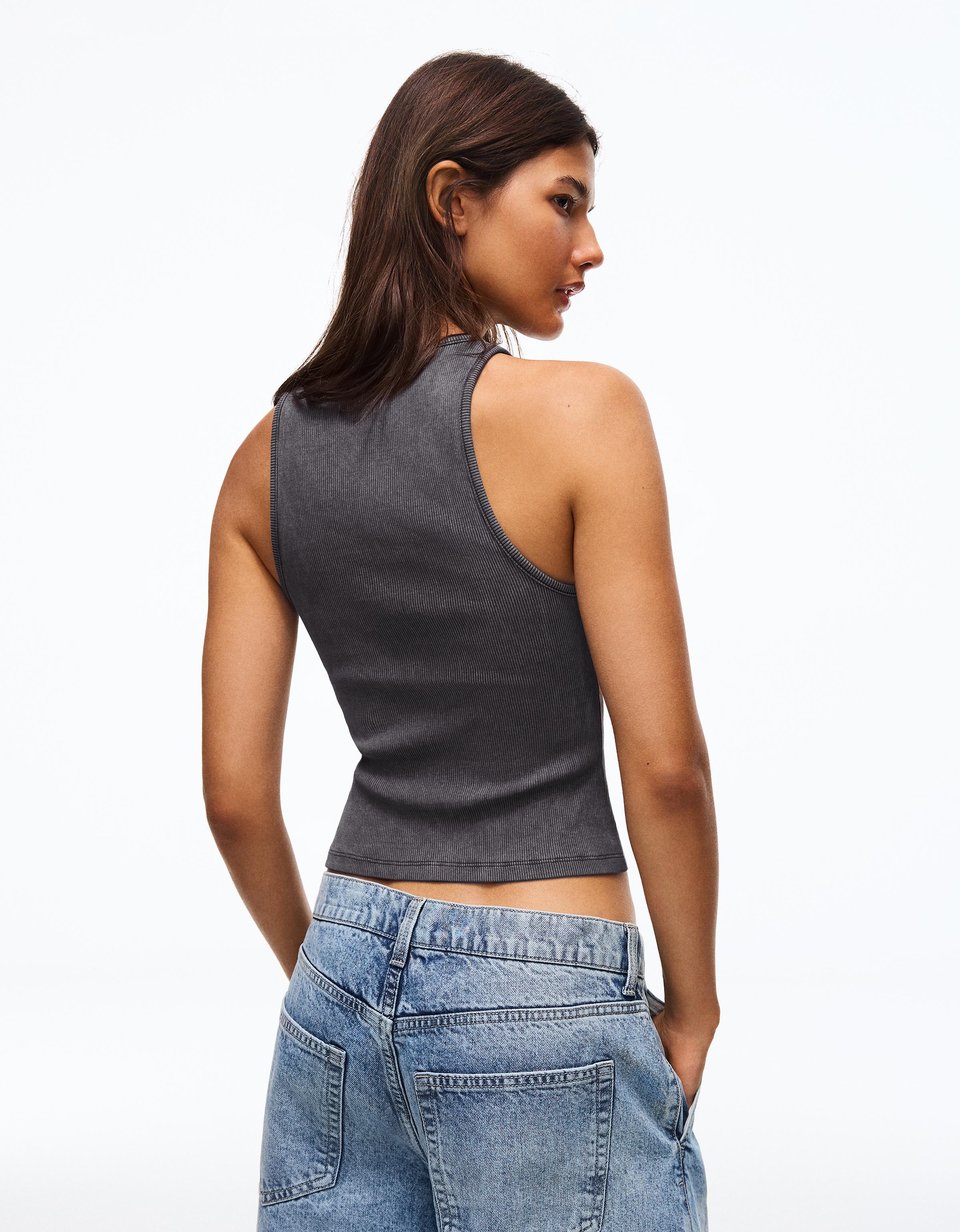 Asymmetric printed sleeveless top — Dark grey