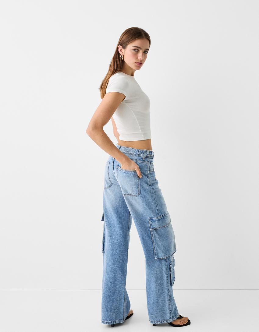 بنطال جينز كارغو متعدد الجيوب-أزرق فاتح-2