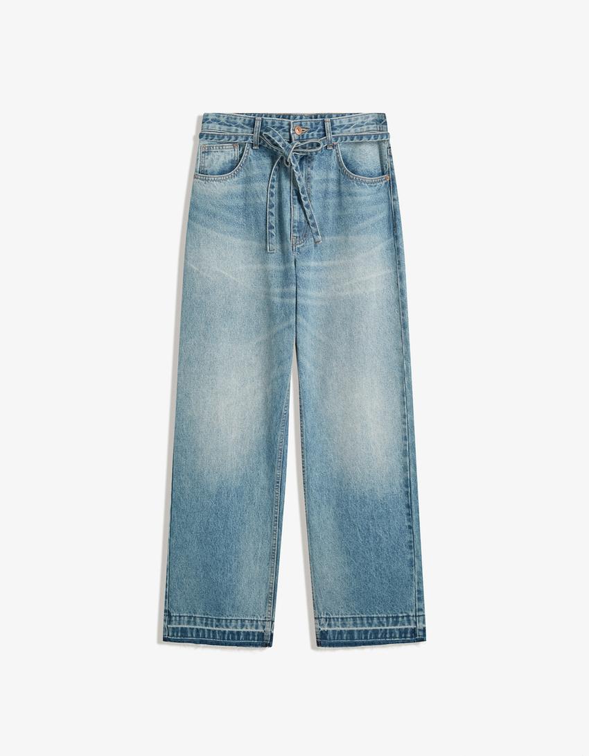 Kemerli baggy fit jean-Açık mavi-0