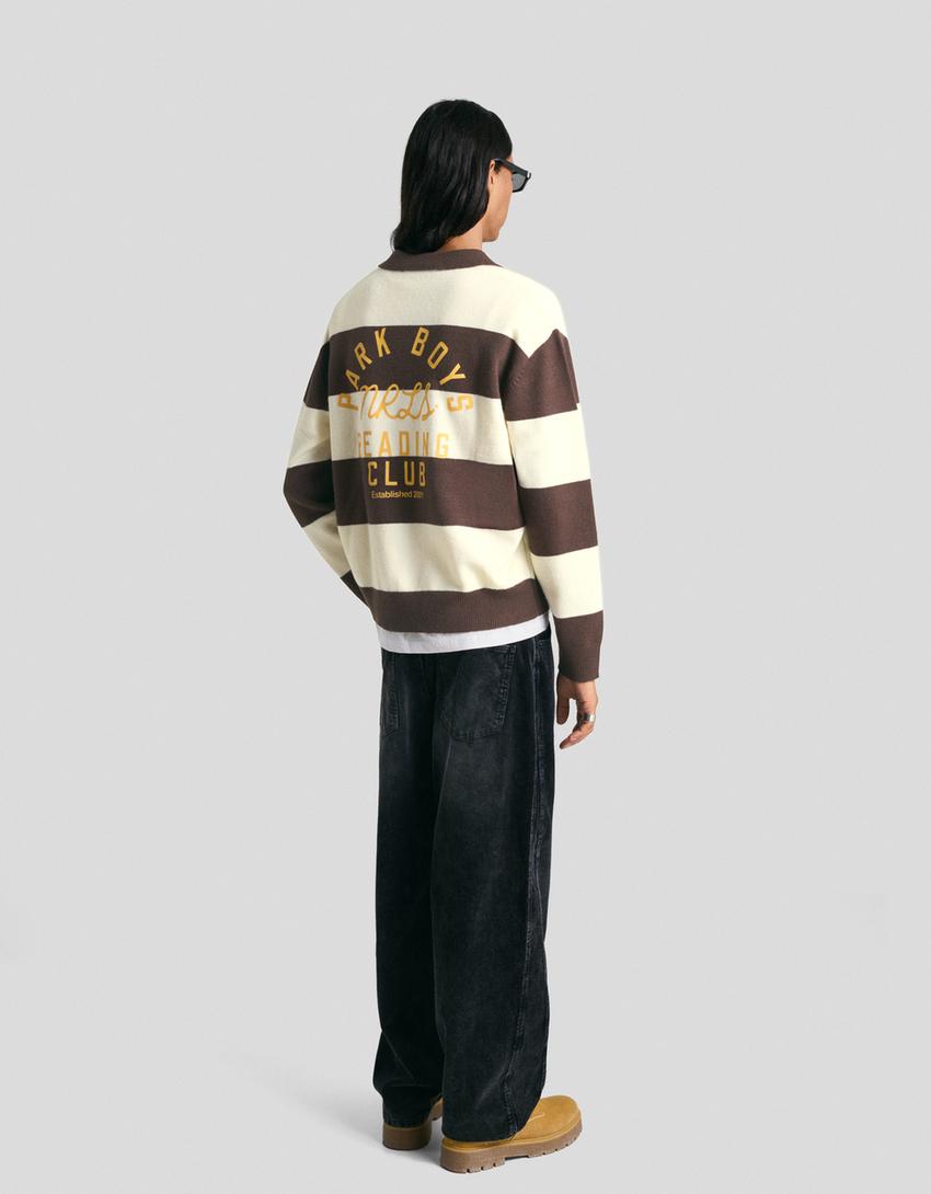 Polo collar sweater with stripes-Brown