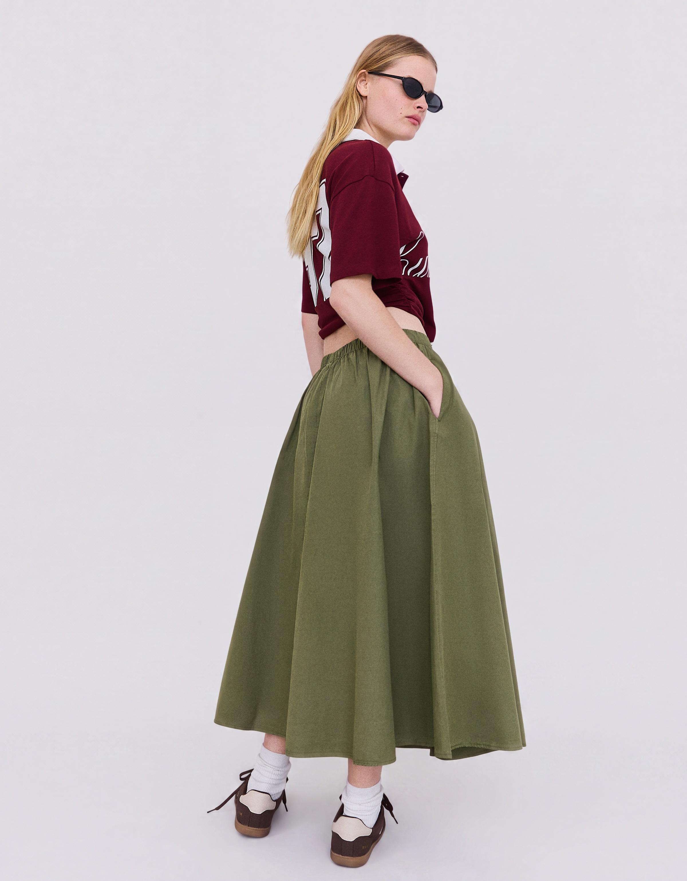 Elasticated waist midi skirt — Khaki