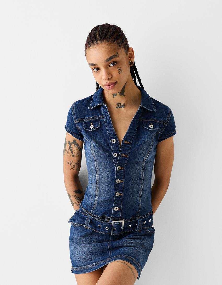 Denim mini dress-Light blue-1