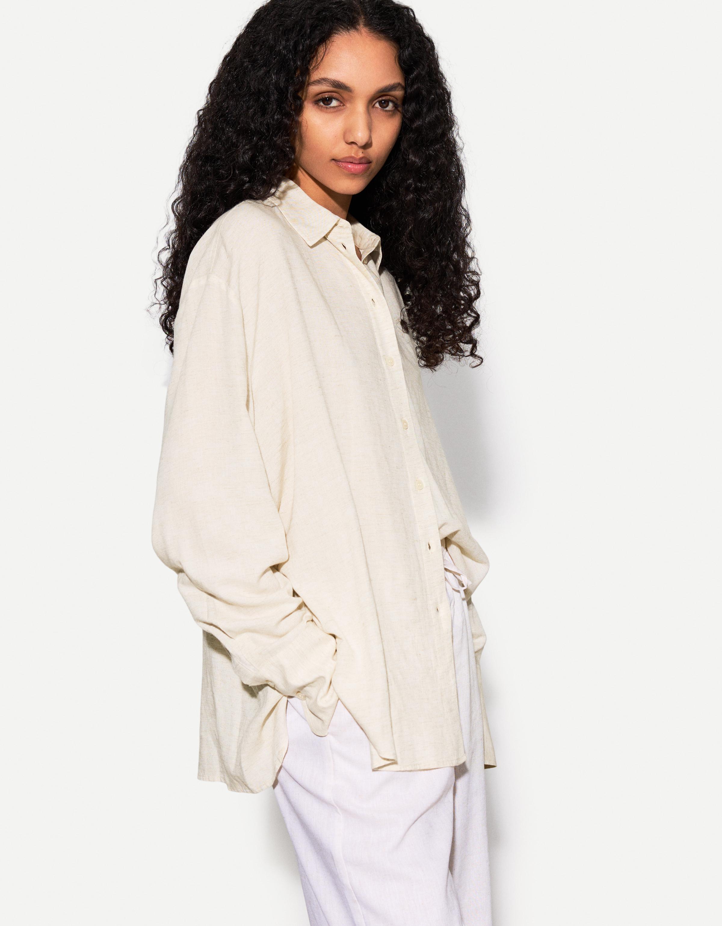 Bershka Oversize-Langarmhemd Mit Leinen Damen Xs Sandfarbe