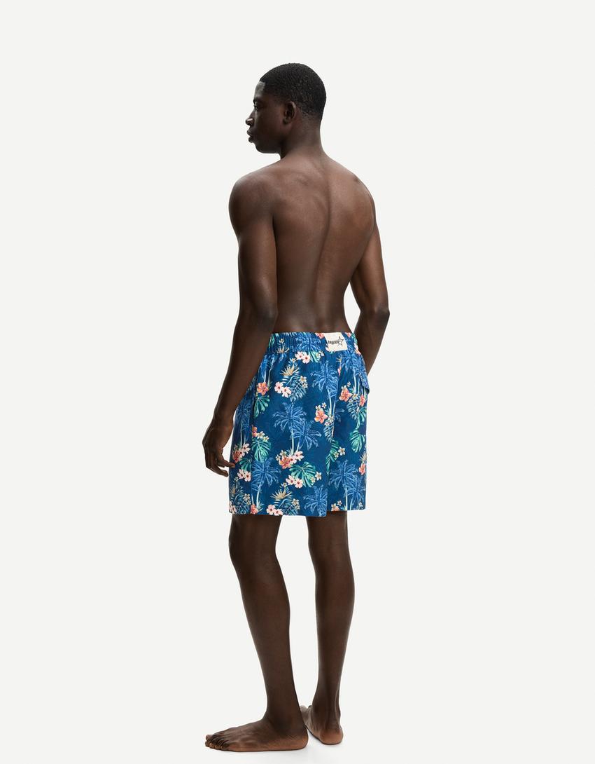 Calções de banho compridos com estampado tropical-Azul