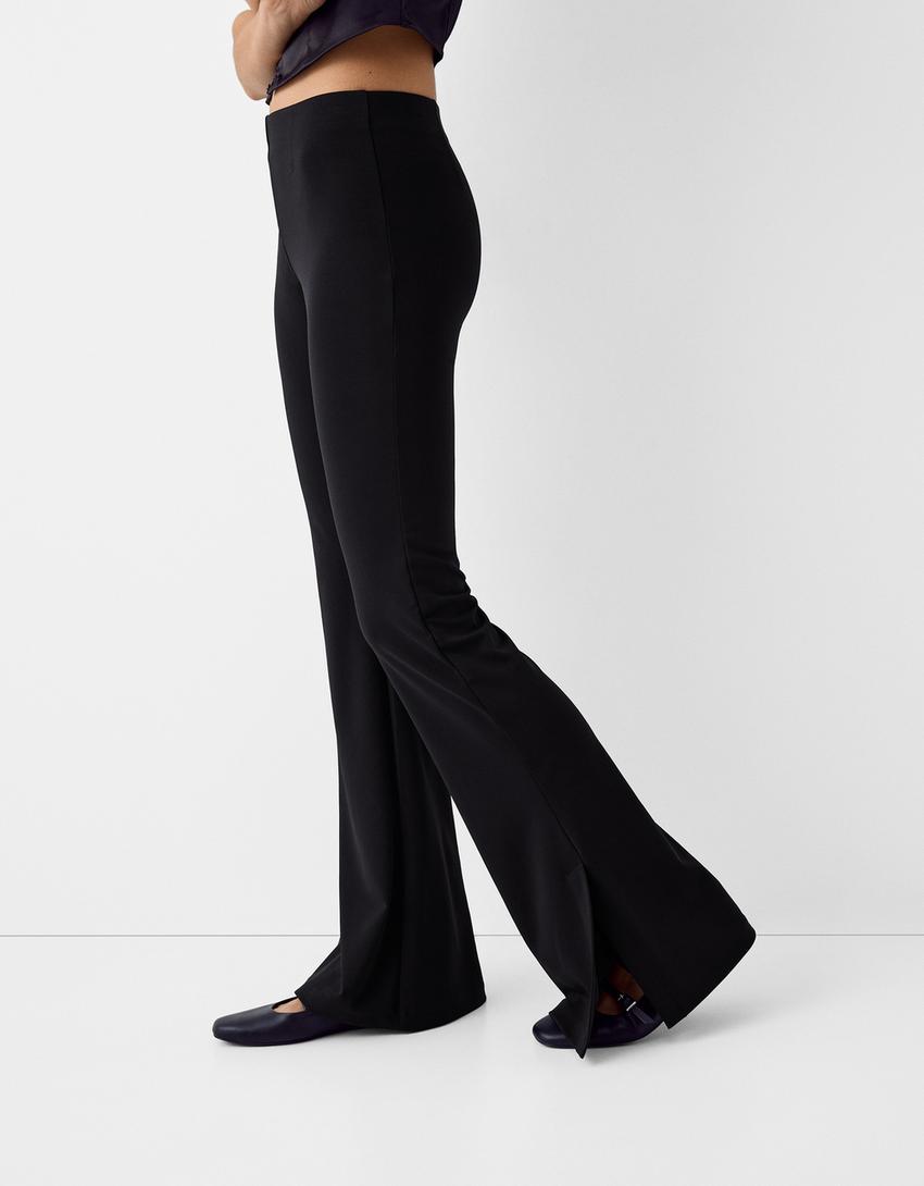 Flare trousers with side slit-Black-3