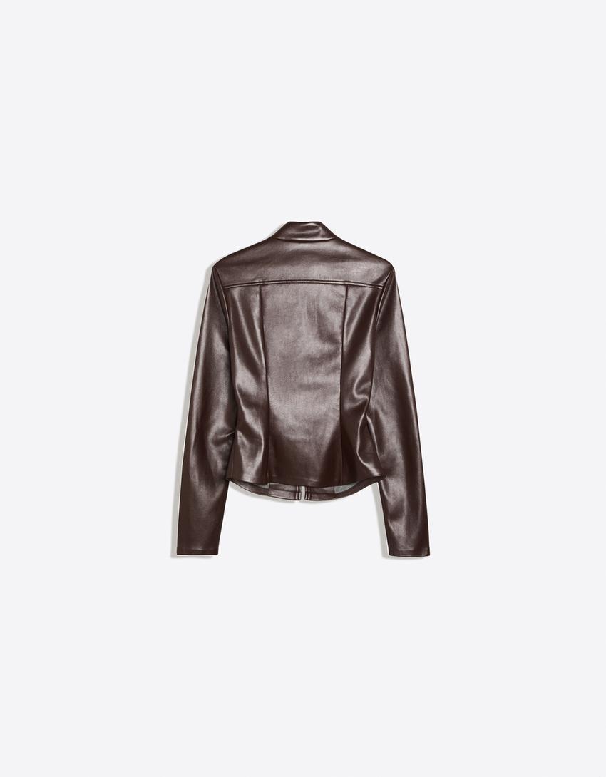 Fitted faux leather shirt with zip-Brown