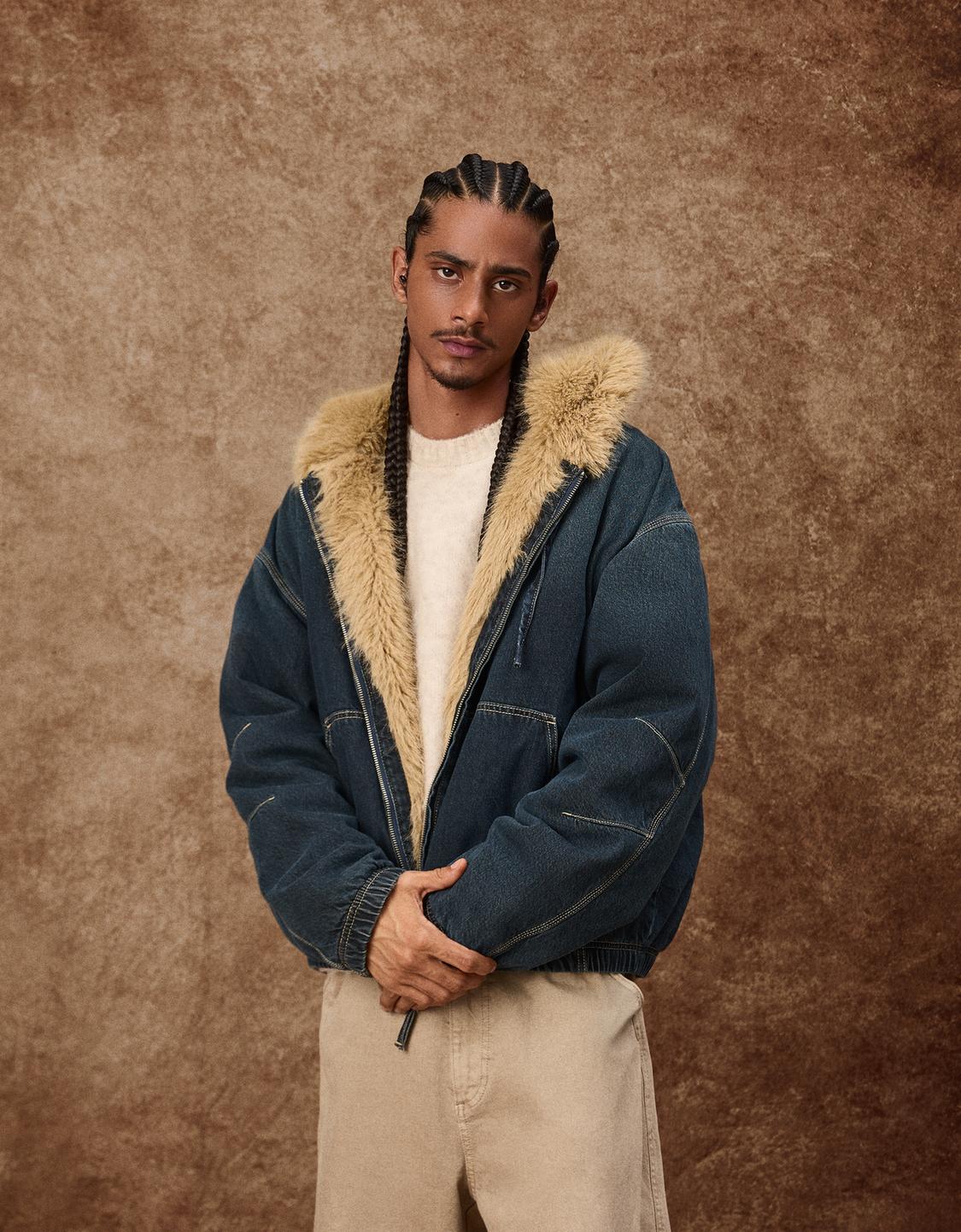 Cazadora denim cuello efecto pelo